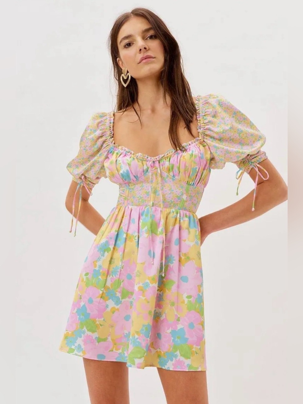 For Love & Lemons Emily Mini Dress Floral Corset Short Sleeve Size‎ small